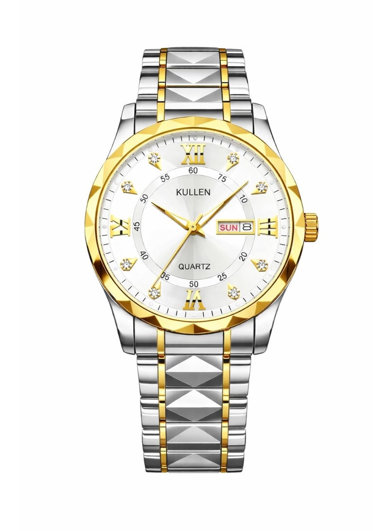 KULLEN Men's Casual Business Quartz Watch With Calendar, Stainless Steel Strap (Gold) - Image 1
